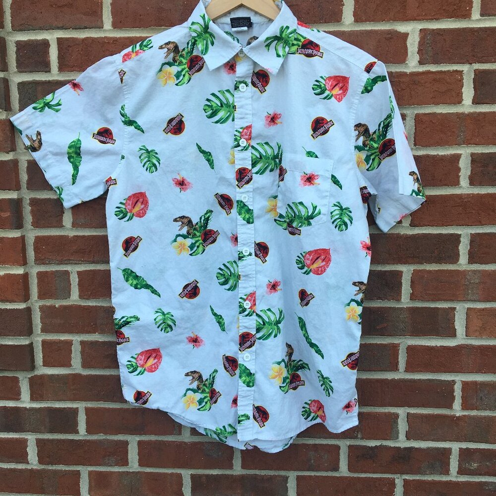 Jurassic World Hawaiian Camp Shirt Mens Med White All Over Jurassic Park Print
